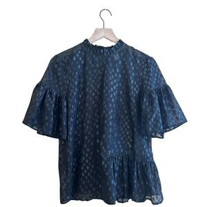 H&M Black Patterned Sheer Blouse, Ruffle sleeve, neck, Size 8, Party, Y2K